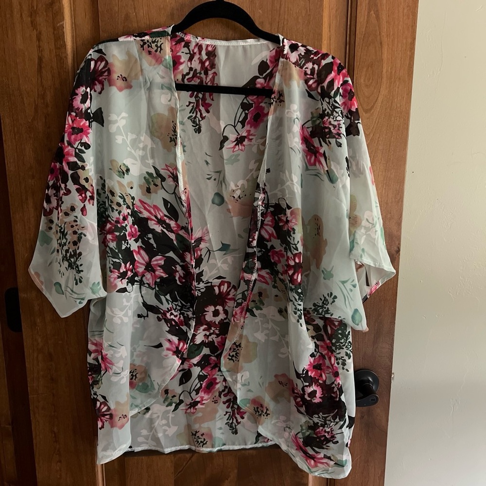Floral Sheer Kimono Cover-Up in Mint and Pink